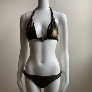 Sauvage california bronze gold beaded halter top luxury bikini